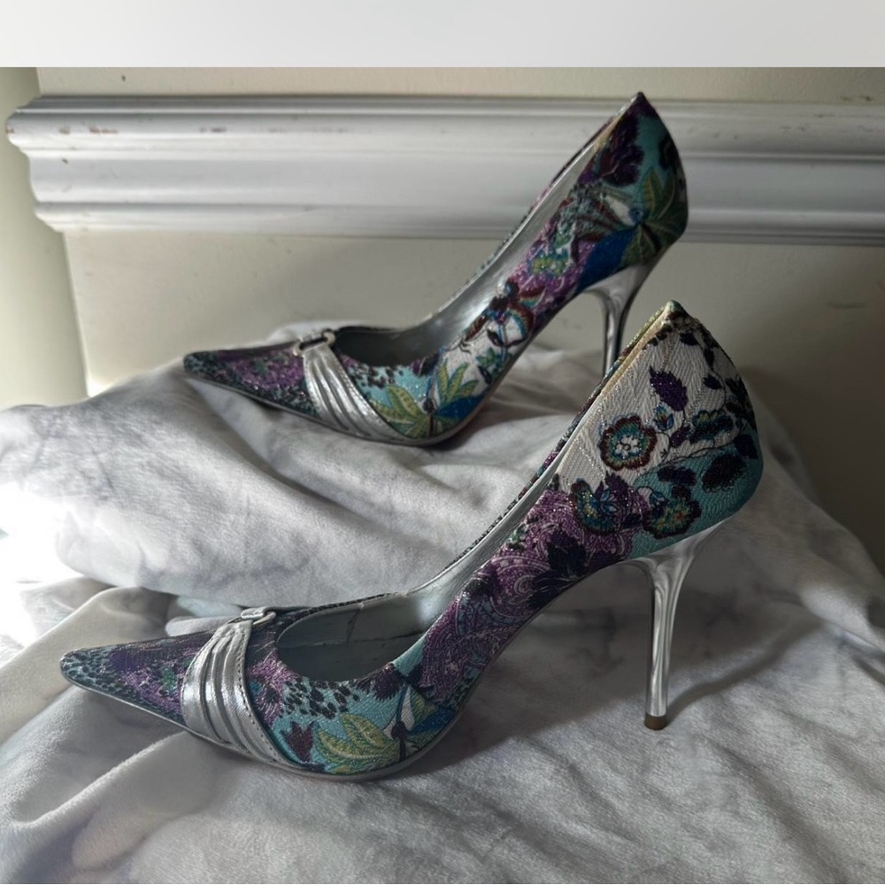 Aldo Floral Pointed-Toe Stiletto Pumps in Teal, Purple & Silver